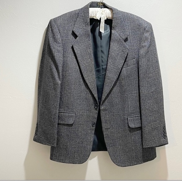 Vtg OSCAR DE LA RENTA Men’s Charcoal Houndstooth Plaid Sport Wool Coat Size 41S - Picture 1 of 10